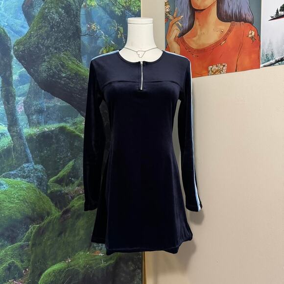 vintage 579 y2k navy velour mini dress sporty stripe zip front - Picture 2 of 7